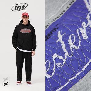 INFLATION brand 2022 autumn new men preppy style 400g fleece hit color crack letter printing irregular pocket thickened hooded sweater