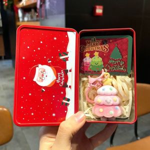 YESMILE Santa Tin Box Christmas Tree Keychain Mini Portable Xmas Guest Gift Creative Flocked Christmas Pendant Ornament Backpack Decoration