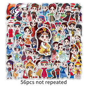 56pcs Chinese Style 56 Ethnic Sticker Cute Cartoon Character Graffiti Waterproof Vinyl Die Cut Sticker