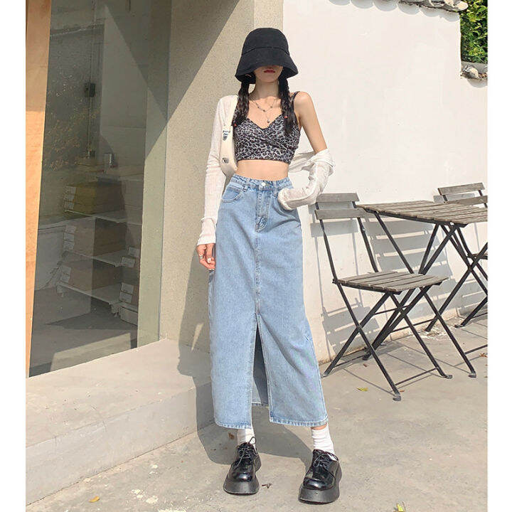 Summer Retro High Waist Slit Denim Skirt Women's A-line Straight Midi ...