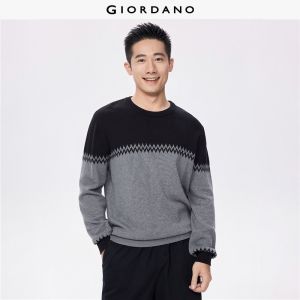 GIORDANO Men Sweaters 100% Cotton Contrast Jacquard Sweaters Crewneck Loose Fit Fashionable Casual Sweaters 13056761