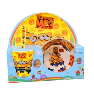 Cartoon 4 Pieces Set Kids Tableware Bowl Plate Spoon Cup Melamine Cartoon Dinner Set Drop Resistant Pinggan Mangkuk Set Kanak-kanak