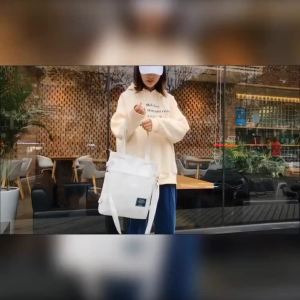 Large Multi-Purpose Canvas Tuition Bag Tote Bag Zip Closure School Students Korean Style Sling Hand Carry Crossboady Shoulder Beg Casual Cute Fashion Simple Black White with Bottle Holder