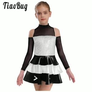 Kids Girls Jazz Dance Performance Costume Cheer Cheerleader Dress Cold Shoulder Long Sleeve Shiny Sequin Ruffled Dress Dancewear2026