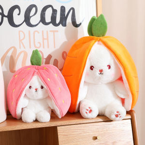 18CM Creative Carrot Strawberry Bag Transform To Rabbit Plush Toys Lovely Long Ears Bunny Stuffed Soft Doll Kawaii Kids Gifts