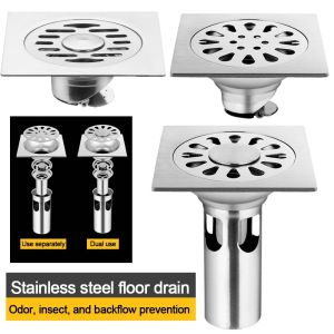 B1540 Stainless Steel Shower Floor Drain Square with Grid Grate Cover Sink Strainer Useful Anti-odor Dual-purpose Floor Drain Bathroom Washing Machine Accessories