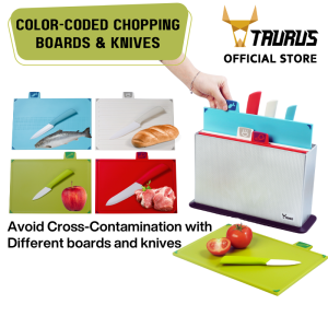TAURUS CB-400 Color Coded Chopping Boards Set with Coordinated Knives & Storage - Multi Purpose Kitchen Use