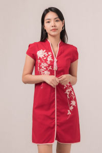 RIMINI- Dress Perempuan Gaun Midi Puff Bordir Bunga Vneck Cheongsam XS-XL - Qiaofeng Dress 85882