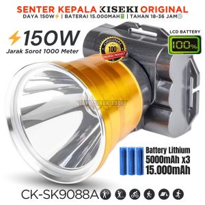 Senter Kepala Jumbo Batrai 15.000mAh Tahan 38 Jam Cahaya 150 Watt Super Terang Senter Kepala KISEKI Original CK-SK9088A | Senter Kepala 150W Waterproof Cas USB Type C Rechargeable Isi Ulang Tahan Lama Laz COD Bisa Bayar Ditempat TOKO SINAR AUDIO