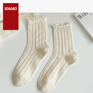 24021 Kaos kaki wanita kasual tipis nerawang transparan kriwil ruffle bagian atas panjang bawah betis dewasa model girly Lolita socks