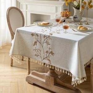 Rustic Cotton Linen Tablecloth Heavy Weigh Embroidery Table Cloth for Rectangle Farmhouse Spill-Proof Table Cover with Tassels2026