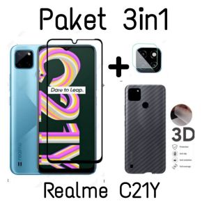 Paket 3in1 Realme C21Y C21 C25 C25S C20 C15 C11 C12 Tempered Glass Full Layar