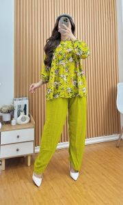 Oneset Bunga CPLP kombinasi motif bunga polos full kancing Setelan wanita celana atasan panjang