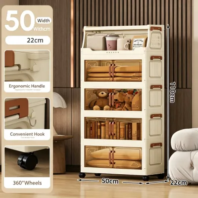 inhom 3-5 Layer Foldable Storage Cabinet With Wheels Sliding Door Plastic Organizer Box For Storage