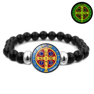 Holy Light Saint Benedict Medal Bless Luminous Bracelet Versatile Black Elastic Beaded Glow Catholic CSPB Bracelet (CRUX S PATRIS BENEDICTI)
