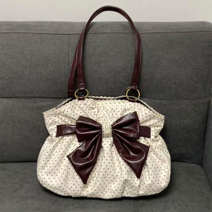 Chic Polka Dot Tote Bag Casual Commuting Vintage Women Handbags Shoulder Bag Versatile Large Capacity Dot Design Bow Sweet Bag2026