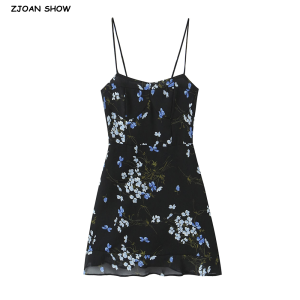 2025 French Style Retro Black Floral Print Corset Style Sling Dress Women Elastic Back Short Dresses Summer Robe Femme Vestidos2026