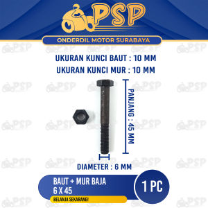 Baut Baja 6x45 (+ Mur) Harga 1 PC - Baud Mor Baja M6 Bibir Topi 6mm Panjang 45 mm Kunci 10 Universal