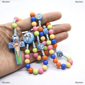 [COD] Abulaia Cartoon Cross Pendant Necklace Kid Rosary Beads Catholic Religious Jewelry