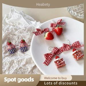 Heabety Fashion Ins Sweet Bow Ribbon Acrylic Strawberry Cake Pendant Earrings Quality Drop Earrings For Girls Women Gift Lovely Jewelry