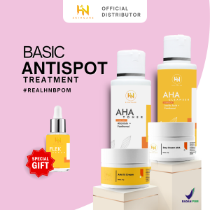 HN SKINCARE BPOM PAKET FLEK BASIC UNTUK FLEK RINGAN AMAN UNTUK BUMIL DAN BUSUI (AHA CLEANSER + AHA TONER + DAY CREAM AHA + NIGHT CREAM) + GRATIS SERUM FLEK