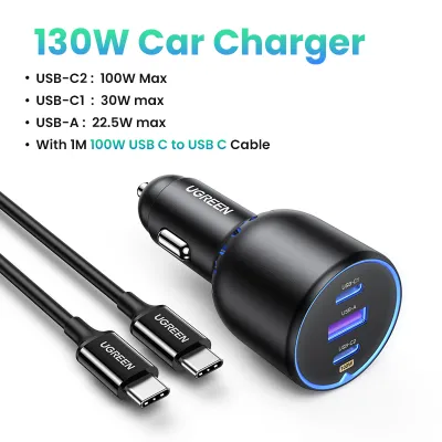 UGREEN 130W Car Charger Quick Charging PD3.0 Fast USB Type C Car Phone Charge Suitable Compatible with iPhone 16 Pro Max/15/14/13/12 Laptops Tabet