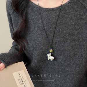 RANZH Silver Color Sheep Pendant Necklace Metallic Finish Brushed Texture Zodiac Year Jewelry Green Bead Neckwear Creative Design Sweater Long Chain Daily Outfit