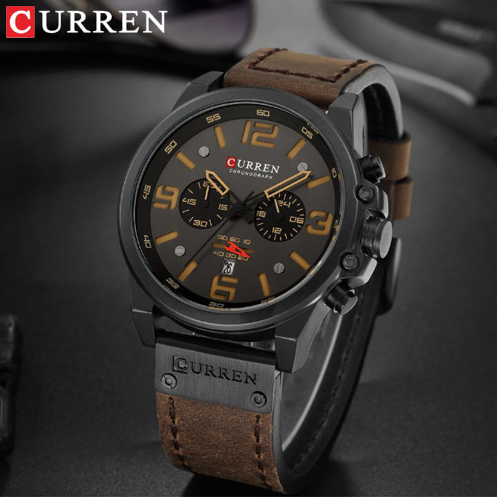 CURREN Jam Tangan Pria Anti Air Kronograf Olahraga Kulit Kasual Tanggal Bisnis Pria Arloji (8314)