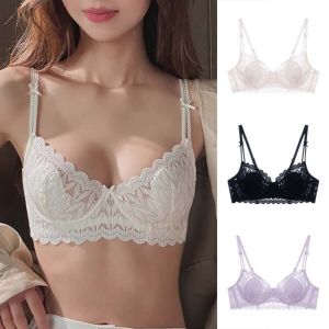 LIAND แหวนเหล็กอ่อน ชุดชั้นในลูกไม้คอวีลึก ฟิตติ้ง สายรัดโบว์ ชุดชั้นในดันทรง สะดวกสบายสบายๆ หน้าอกที่รวบรวม บราลูกไม้โบว์บางๆ ฤดูใบไม้ผลิฤดูร้อน