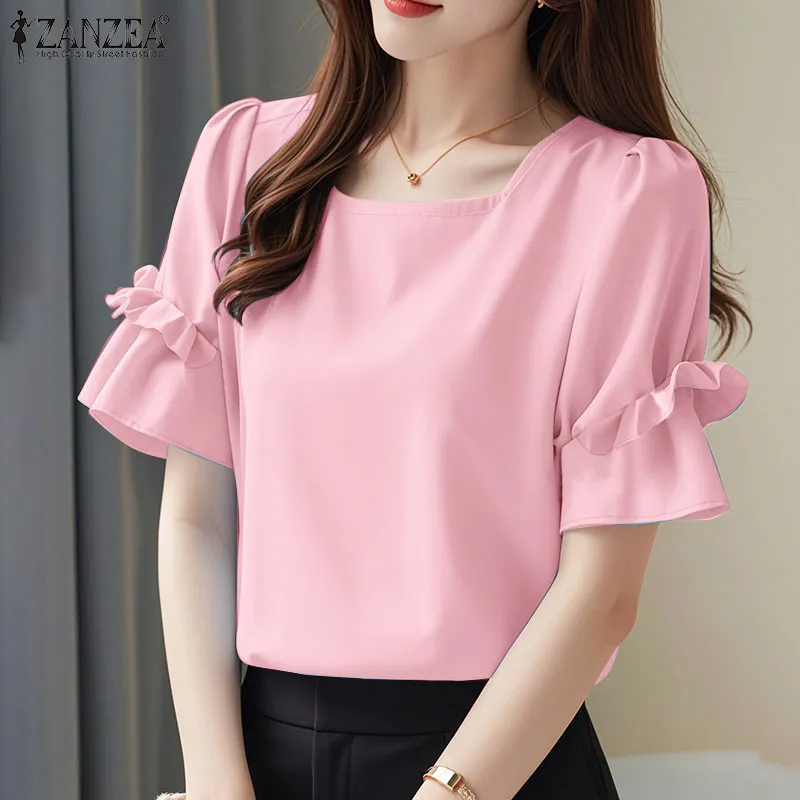 ZANZEA Korean Style Women Elegant Solid Color Square Neck Blouses