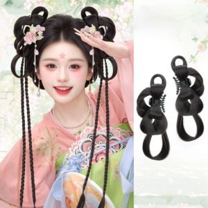 BNUE1 2Pcs Synthetic Hanfu Ancient Costume Wigs Headdress Black Chinese Double Chignon Gentle Antique Princess Hair Bun Cosplay Wig For Women