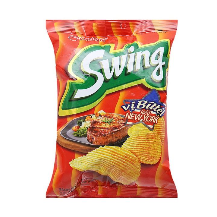 Snack khoai tây vị bít tết kiểu New York Swing 30g, được chế biến từ các nguyên liệu tự nhiên, sản phẩm không chỉ thơm ngon mà còn an toàn cho sức khỏe người sử dụng