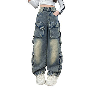 Rolanko Girls Cargo Pants Baggy Y2K Cargo Trousers Jeans Wide Leg Pants with Multi Pockets 4-15 Years
