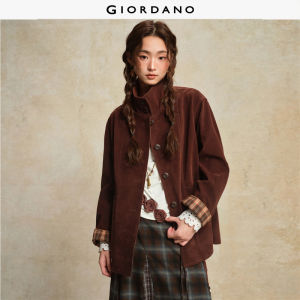 Giordano Women Knitted Jacket with Stand Collar Suede Texture & Contrast Plaid Sleeve Lining Free Shipping 18375814