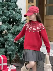 แจ็คเก็ตเด็กผู้หญิงสำหรับฤดูใบไม้ร่วงและฤดูหนาว 2025 แฟชั่นใหม่สไตล์เกาหลี เสื้อกันหนาวหนานุ่มสำหรับเด็กโต ดีไซน์คริสต์มาส