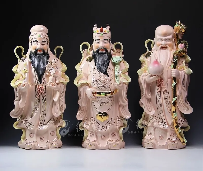 三星福禄寿（极品红描金）陶瓷18寸Fu Lu Shou High-Quality Red Gold