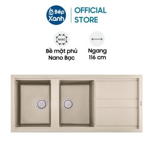 Chậu Rửa Chén Đá Malloca Bianco K-50062 (Màu Kem) - Ngang 116cm - Phủ Nano Bạc - Xuất Xứ Ý - Bàn Chờ Cực Rộng - Hàng Chính Hãng - Bảo Hành 3 Năm