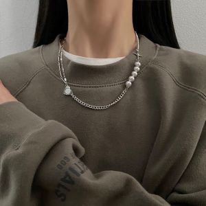 Titanium Steel Hip Hop Pearl Stitching  Necklace Pendants Necklaces Not Fade Women Gift Rantai Leher 钛钢珍珠拼接项链女ins嘻哈项链女