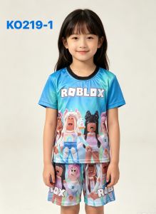 KO218-19-20# Kids Terno Set maroon and pink short sleeve shirt and shorts set with anime character print.
