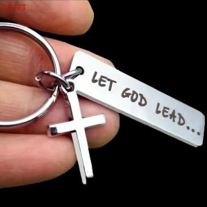 🚚【Local Express Delivery】🚚 Let God Lead···Faith Cross Stainless Steel Keychain Religious Key Chain Ring Purse Bag Backpack Charm Daily Gift