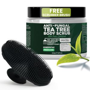 Terramed Just Think Comfort Antifungal Body Scrub with Tea Tree Oil – Exfoliating Body Wash for Women & Men – Soothes Itchy Skin Rashes Acne Warts & Insects Bites – 12 Fl oz with Scrubber Brush