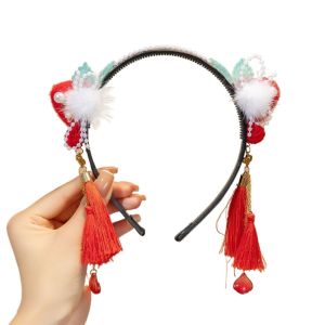 LUMINELLEB Red Hanfu Wig Headband Pearl Chinese Style New Year Headwear Ancient Style Headwear Cute Flower Tassel Headband Children