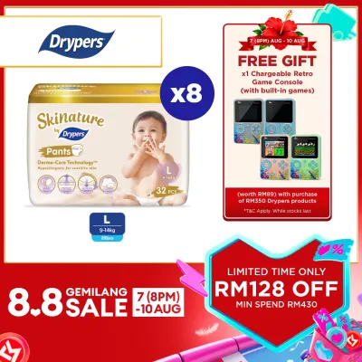 Skinature Pants by Drypers Baby Pants Diapers M38/ L32/ XL26/ XXL22 (8 Packs) - Super Soft & Allergen-free