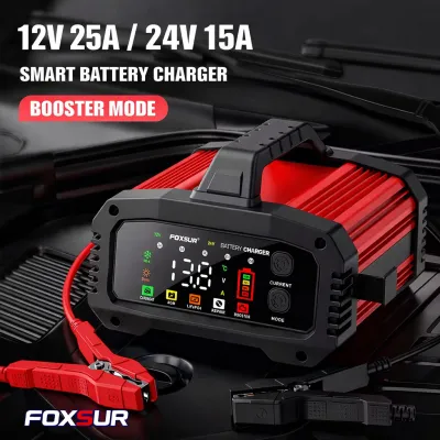 Charger Aki Foxsur Mobil Motor 12V 24V Otomatis 25A/15A Smart 8 Tahap AGM LiFePO4 Repair Booster
