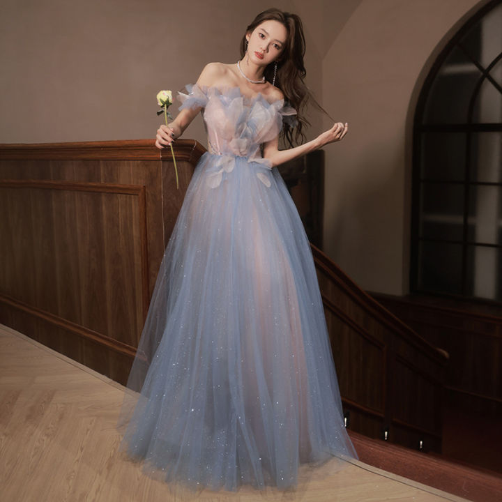 HOFALY 2024 Female Off Shoulder Colorful Yarn Blue Evening Dress Banquet  Elegant Starry Sky Gradual Fairy Host Vocal Art Exam Ball Gown For Js Prom 