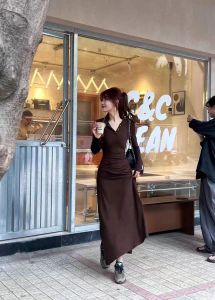 baju dress lebaran wanita 2025 aesthetic maxi kekinian terbaru coklat korean style press body evening elegan dress simple