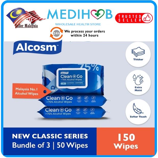Alcosm 75 Alcohol Disinfectant Classic Wet Wipes TRIPLE 3X50S Expiry