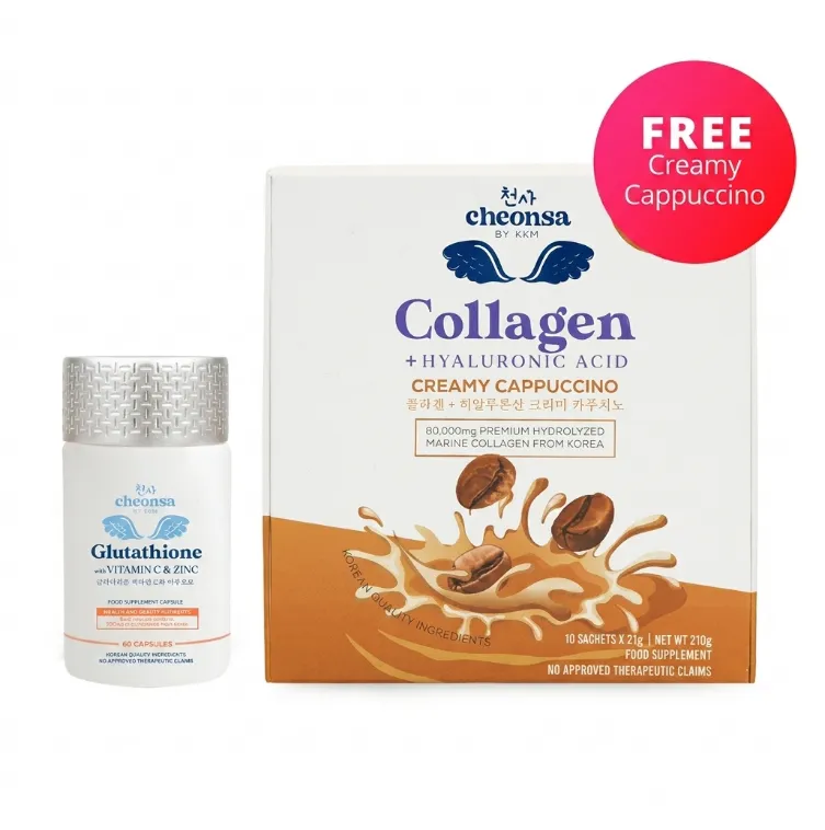 cheonsa glutathione CHEONSA Glutathione 60 capsules FREE 1 Box Cheonsa Collagen + Hyaluronic  Acid Creamy Cappuccino 10s