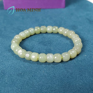 Vòng tay Ngọc Hòa Điền xanh ngả mạ non kiểu hạt vuông bo tròn size 8 li phong thủy may mắn không kén mệnh | Hoa Minh Gem