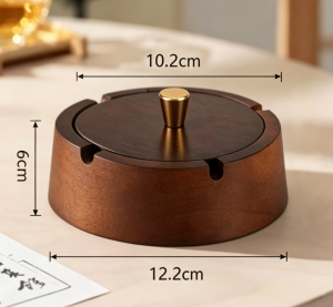 Ashtray with Lid Round Wooden Gold Stainless Steel Inner Tray Windproof Smokeless Asbak for Home Office 烟灰缸带盖